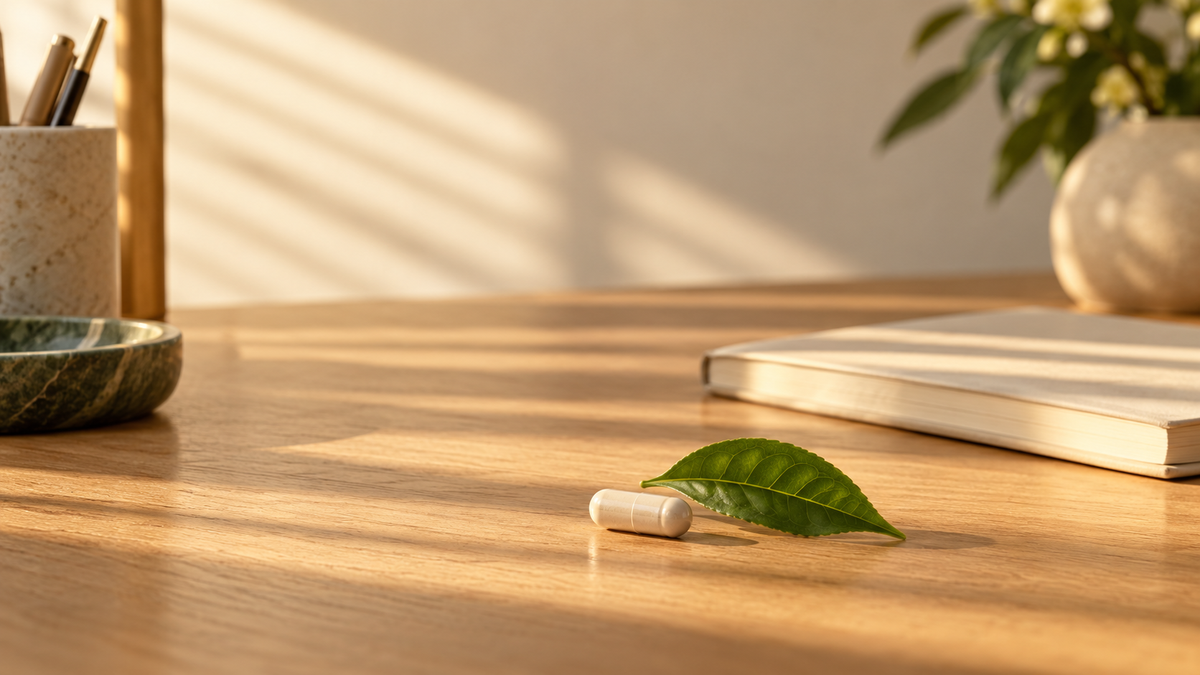Afternoon sunlight across a desk with a closed notebook, a capsule and a tea leaf