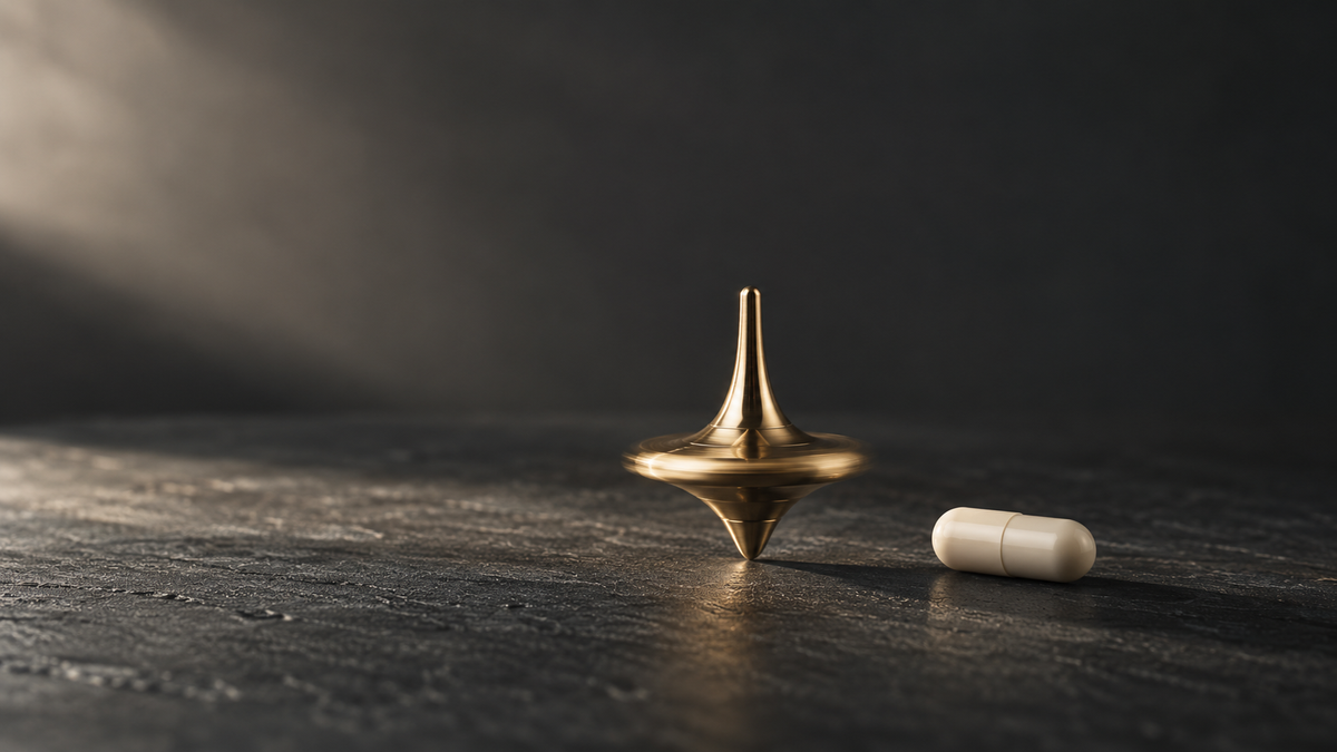 A brass spinning top spinning steadily beside a white capsule on dark slate