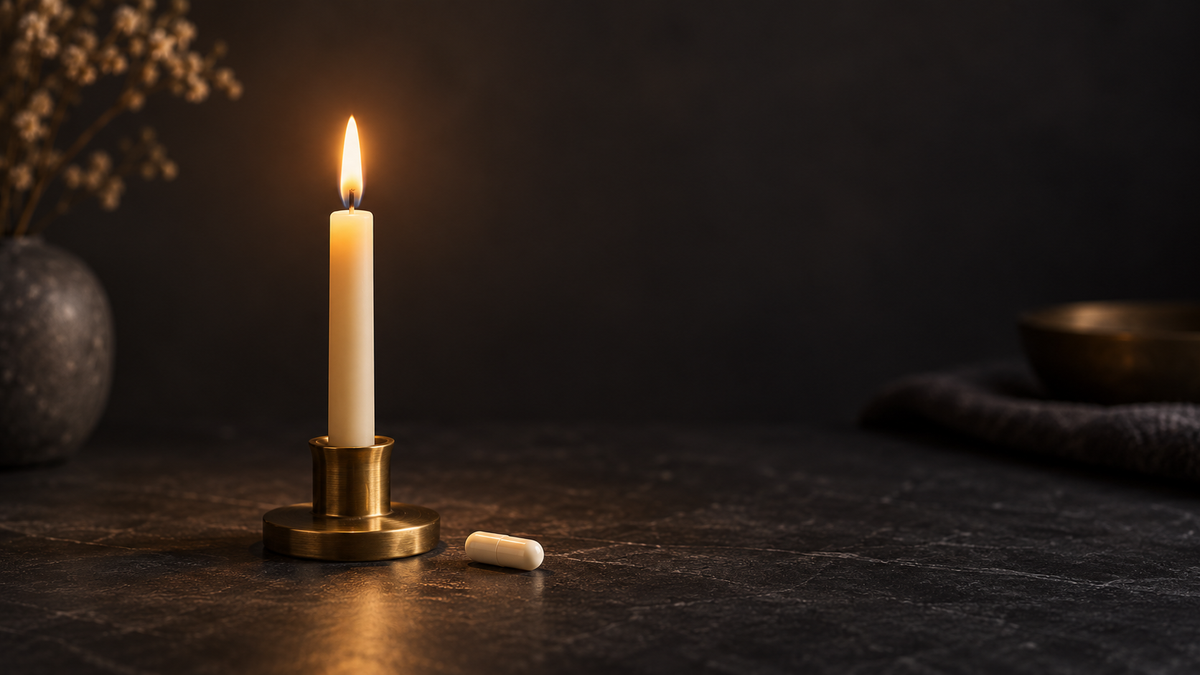 A single candle burning in a brass holder beside a white capsule on dark slate