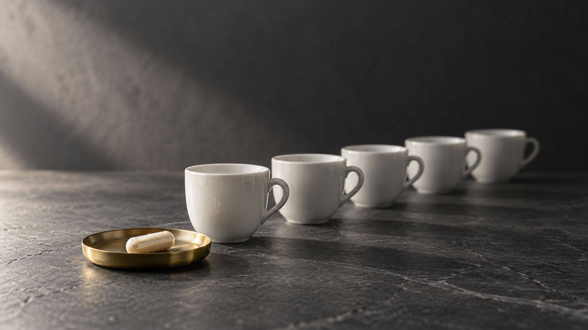 A row of five empty espresso cups behind a white capsule on a brass dish