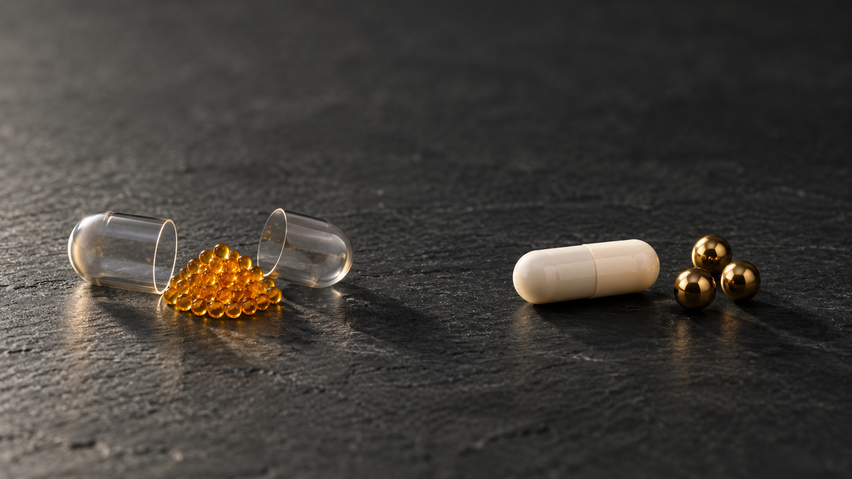 An opened capsule with tiny beads beside an intact white capsule and three brass spheres