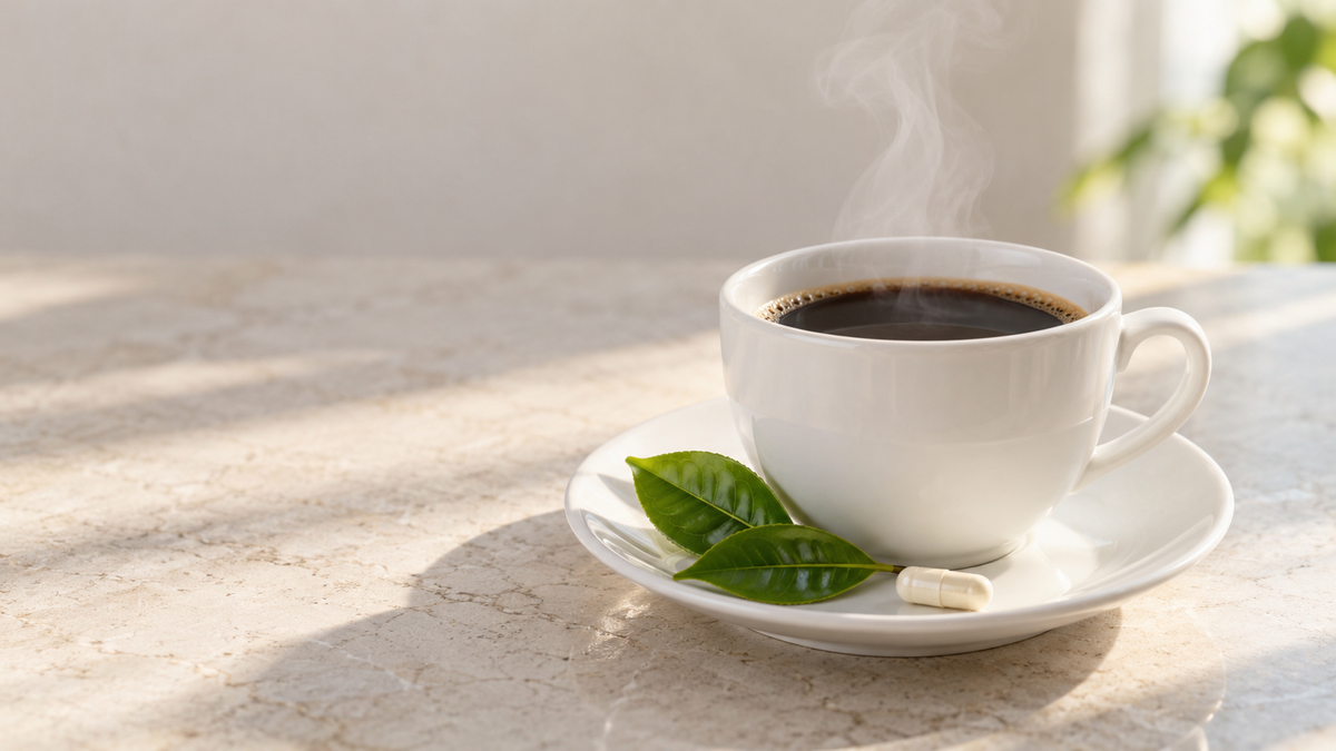A cup of black coffee with tea leaves and a capsule resting on the saucer