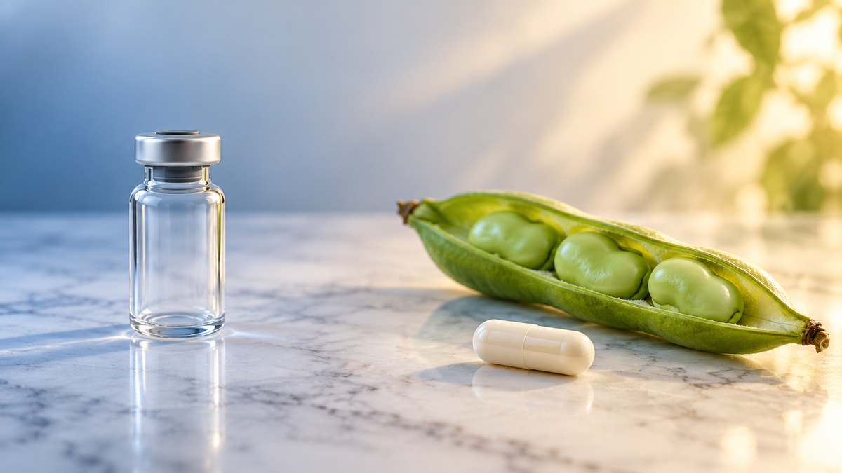 An unlabeled glass vial on marble beside an open fava bean pod and a capsule