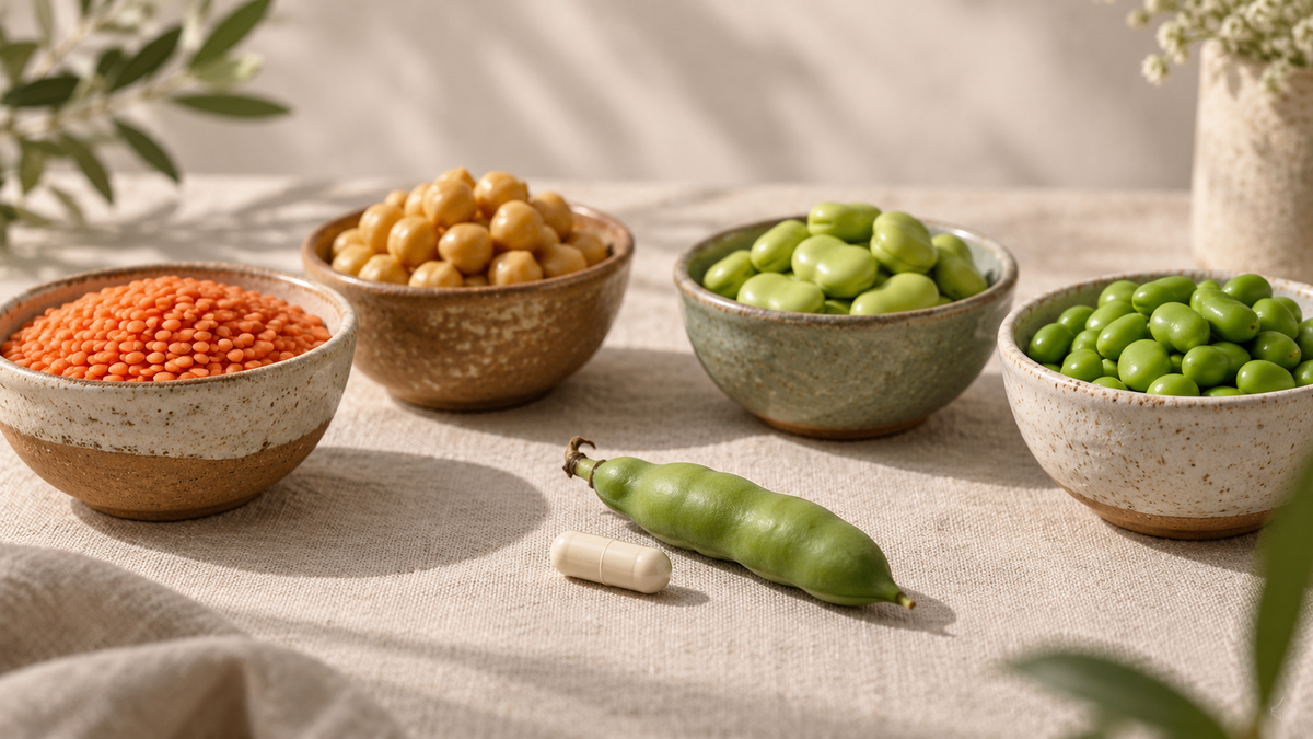 Bowls of lentils, chickpeas, fava beans and edamame around a capsule and a fava bean pod