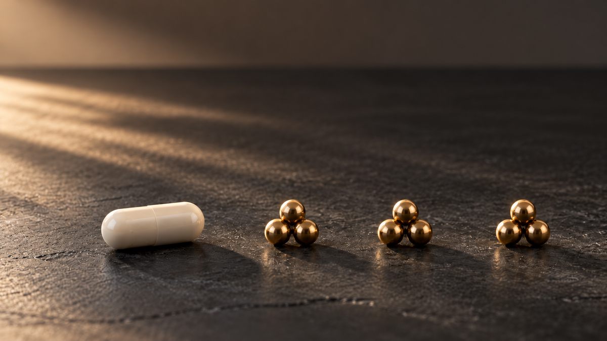 A white capsule on dark slate beside nine brass spheres in three groups of three