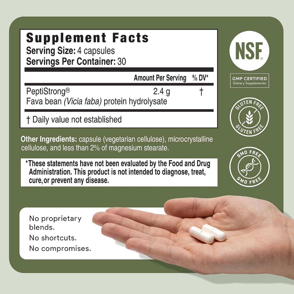 PeptiStrong Supplement Facts panel: 2.4 g fava bean protein hydrolysate per four-capsule serving, NSF GMP certified
