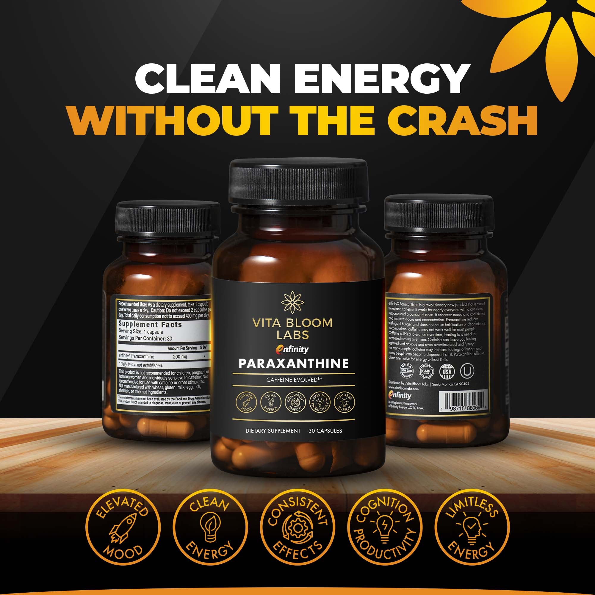 Enfinity Paraxanthine Capsules, Clean Energy & Focus, Caffeine Alternative | 200 mg per Capsule | 30 Capsules per Bottle | Formulated in USA, GMP Certified, Non-GMO, Kosher.
