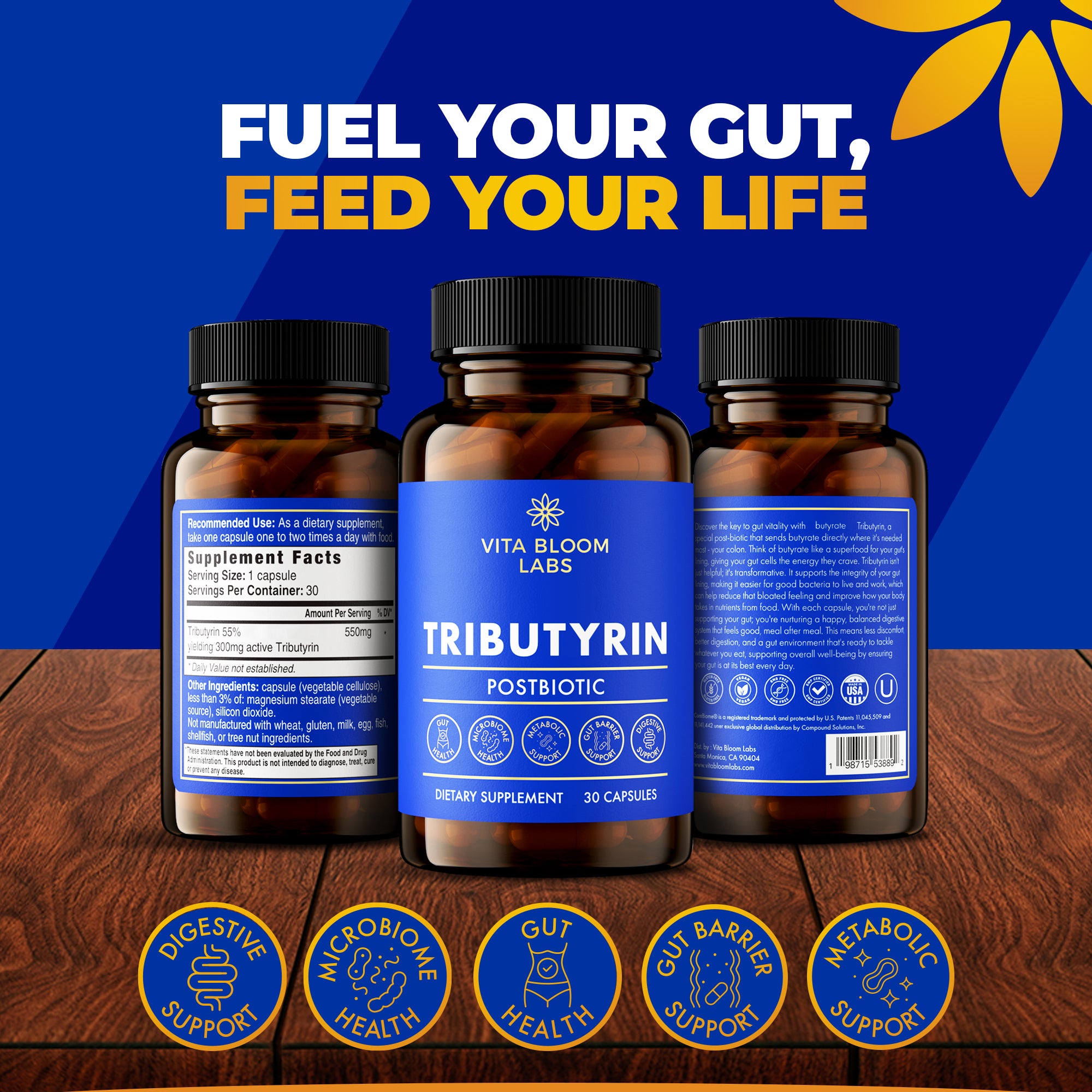 Three Tributyrin Postbiotic bottles with the headline Fuel Your Gut, Feed Your Life