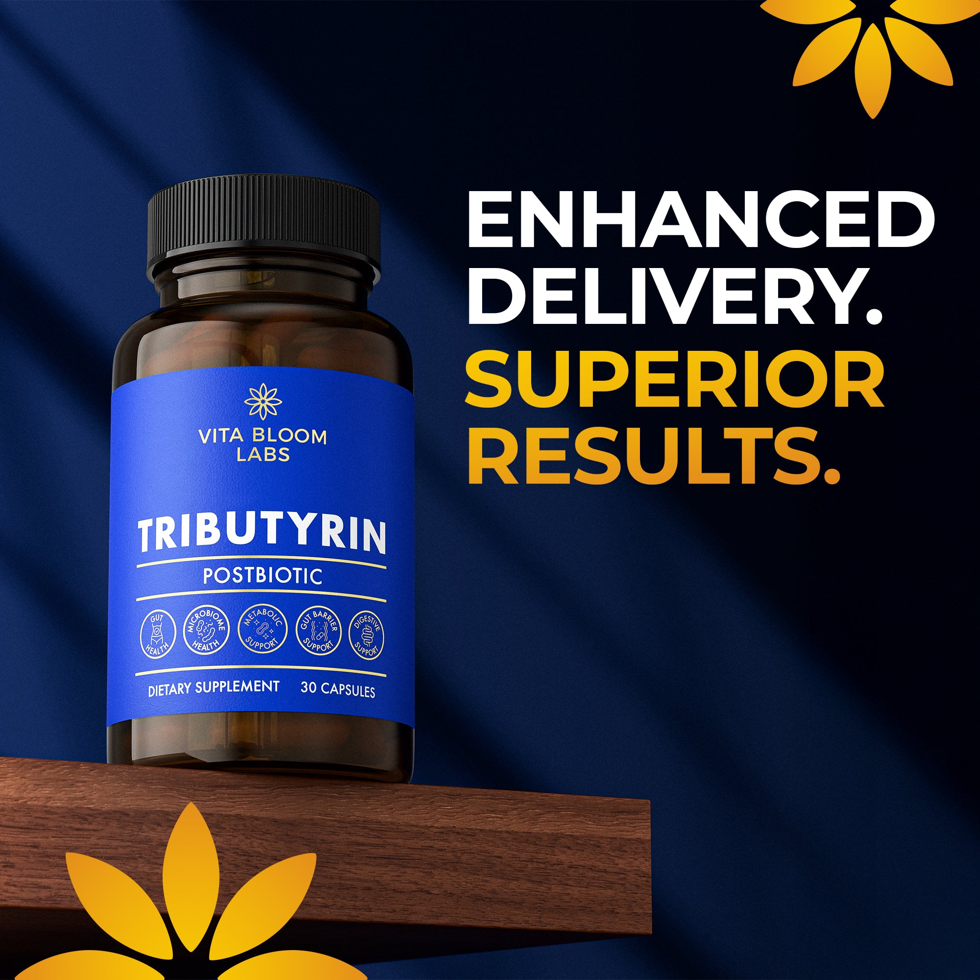 Tributyrin Postbiotic bottle on a wooden shelf against a blue background