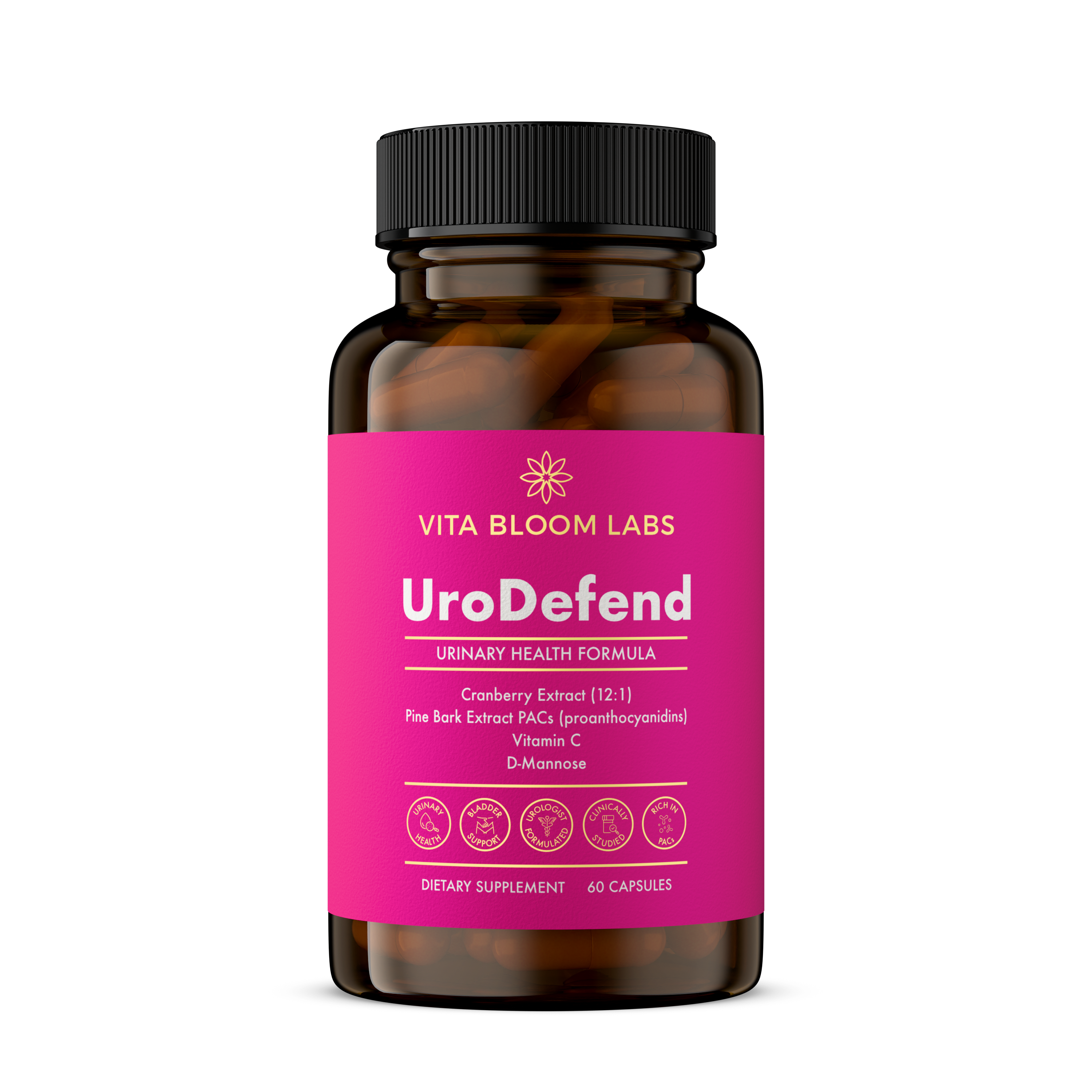 UroDefend UTI Protection Formula | Cranberry PACs | Pine Bark Extract PACs | Physician Formulated | Additive Free + Gluten Free | Cranberry Extract, Pine Bark, D Mannose, Vitamin C | 60 capsules