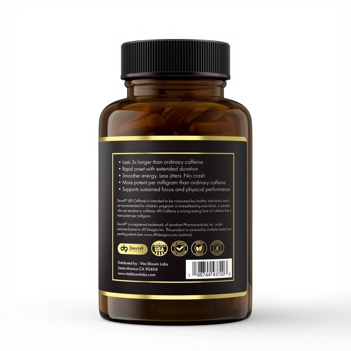 Back of the Caffeine 2.0 bottle listing benefits: lasts 3x longer than ordinary caffeine, rapid onset, smoother energy, no crash