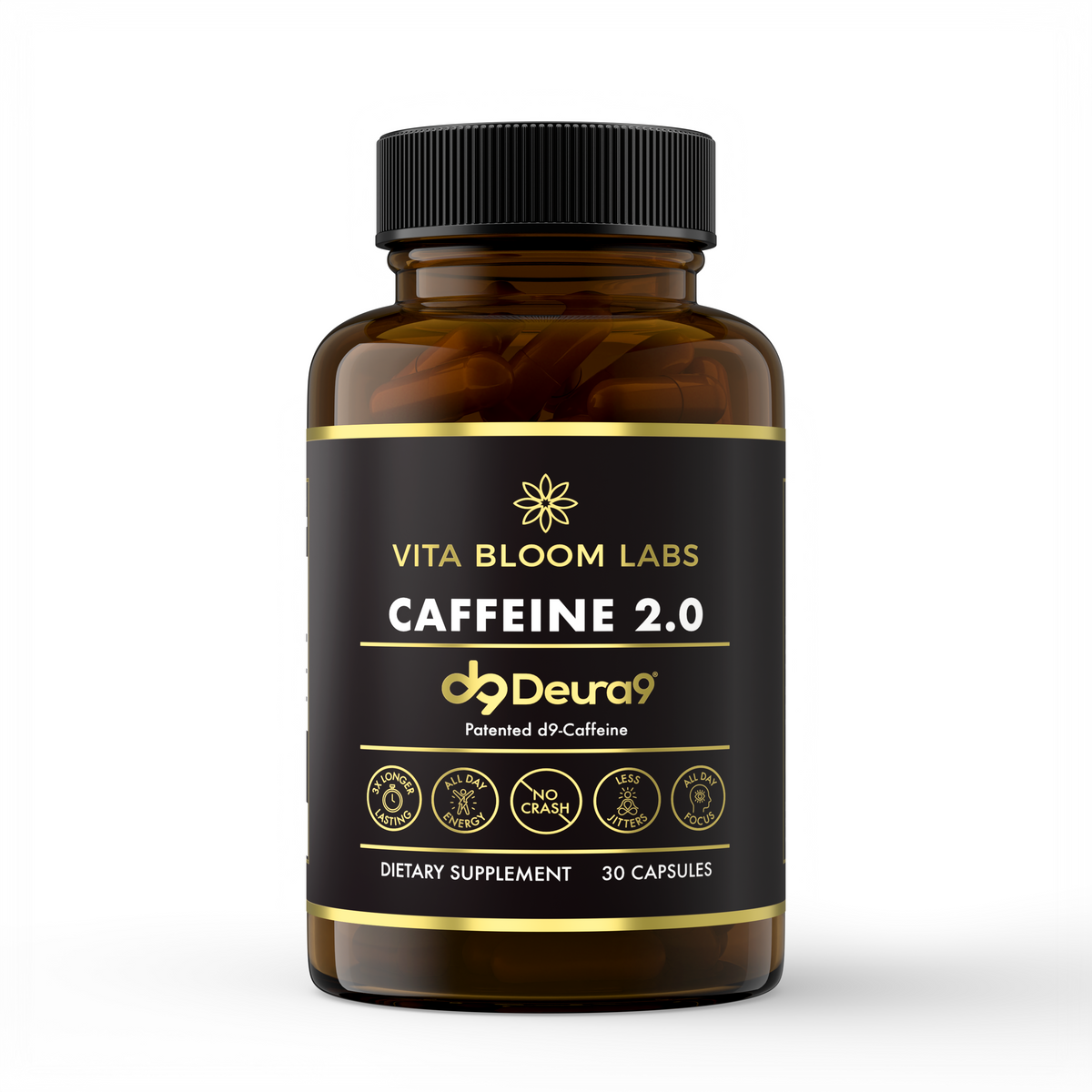 Vita Bloom Labs Caffeine 2.0 bottle, front label with patented Deura9 d9-caffeine, 30 capsules