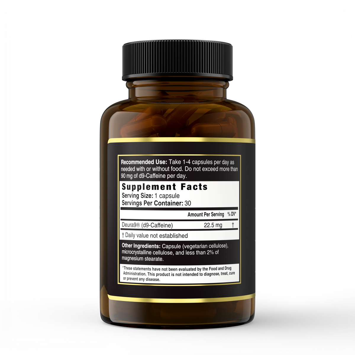 Caffeine 2.0 Supplement Facts panel: 22.5 mg Deura9 d9-caffeine per capsule, 30 servings, take 1 to 4 capsules per day