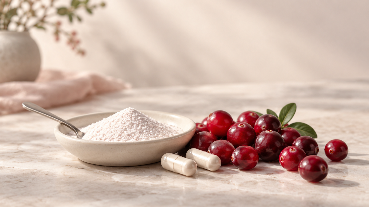 Fine white powder in a ceramic dish beside fresh cranberries and two capsules