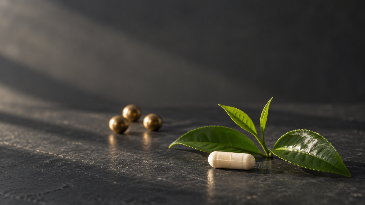 A white capsule beside a sprig of fresh tea leaves and three brass spheres on dark slate