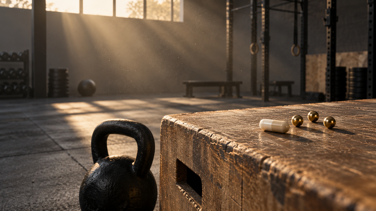 A capsule and three brass spheres on a plyo box beside a kettlebell in an empty gym at dawn