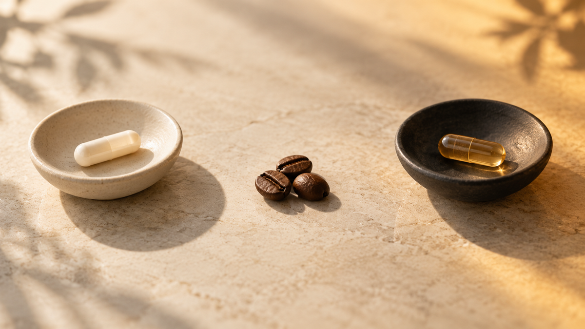 Two dishes each holding one capsule on either side of three coffee beans
