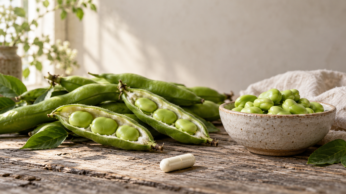 Fresh fava bean pods and a bowl of shelled beans on a rustic table beside a capsule