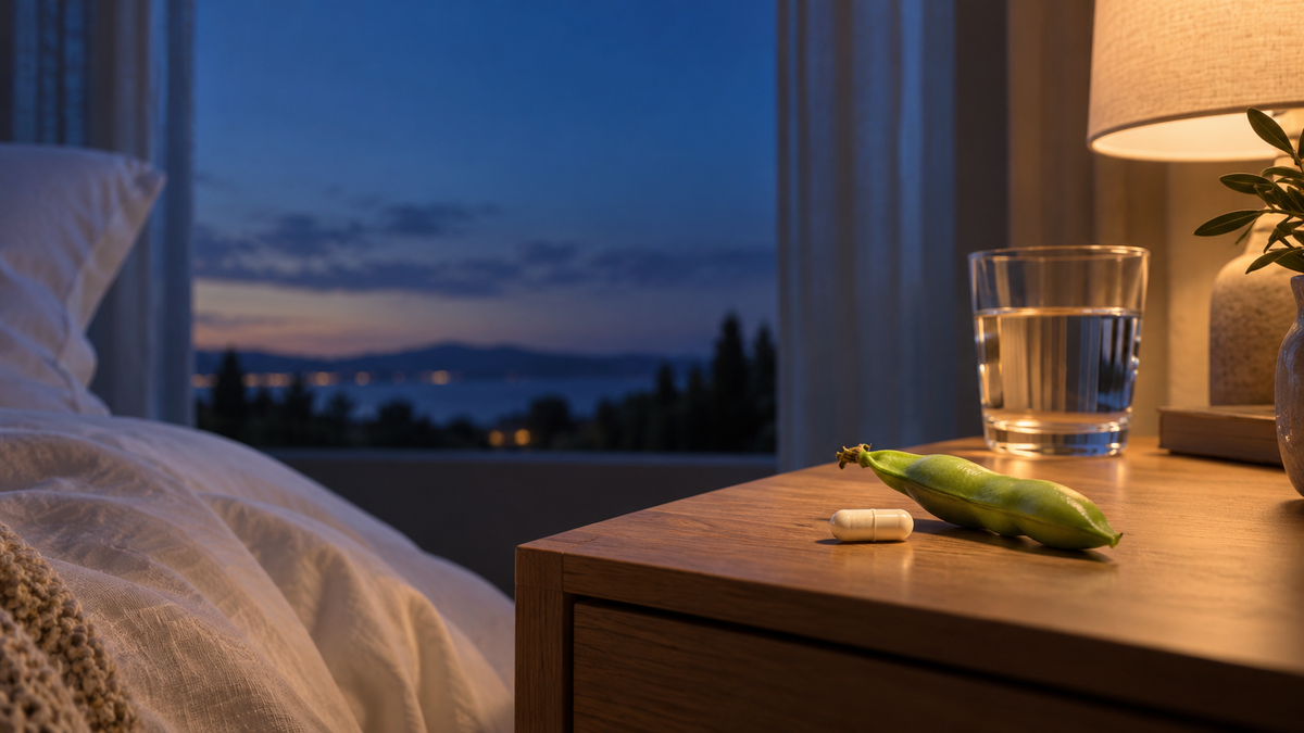 A bedside table at dusk with a glass of water, a capsule and a fava bean pod