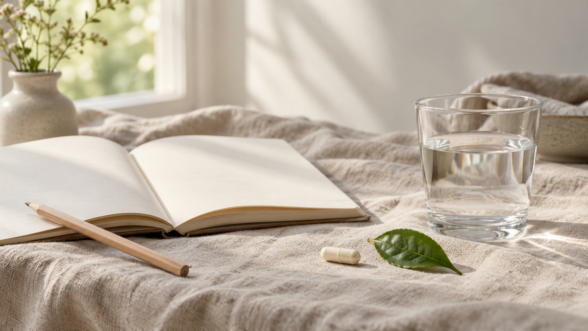 An open blank notebook, a pencil, a glass of water, a capsule and a tea leaf on linen