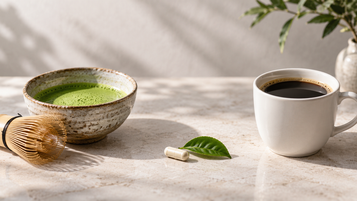 A bowl of matcha, a cup of black coffee, and a capsule with a tea leaf between them