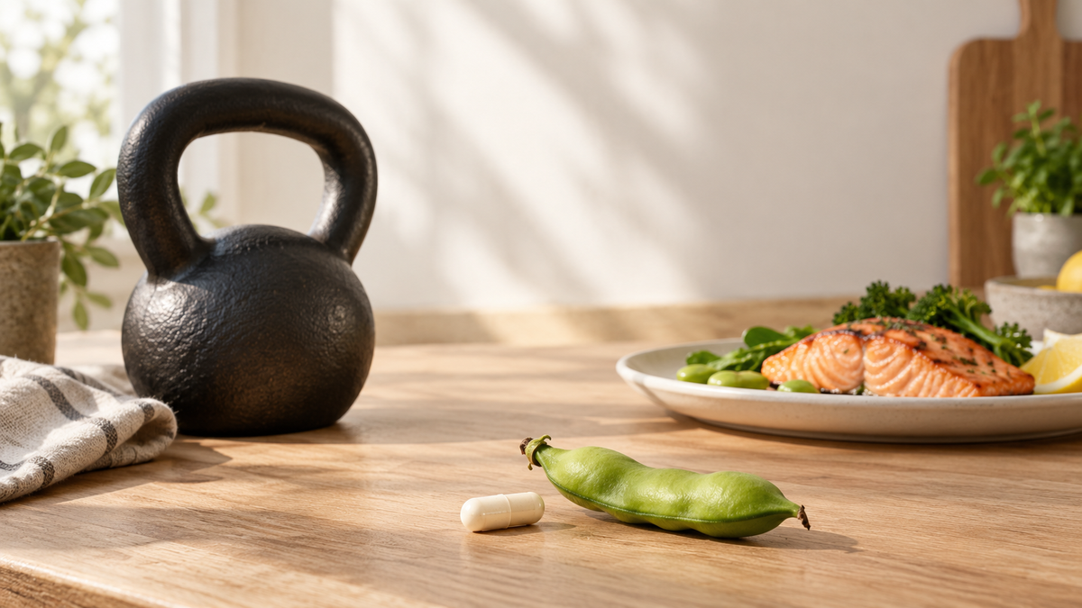 A cast-iron kettlebell and a plate of salmon and greens beside a capsule and a fava bean pod