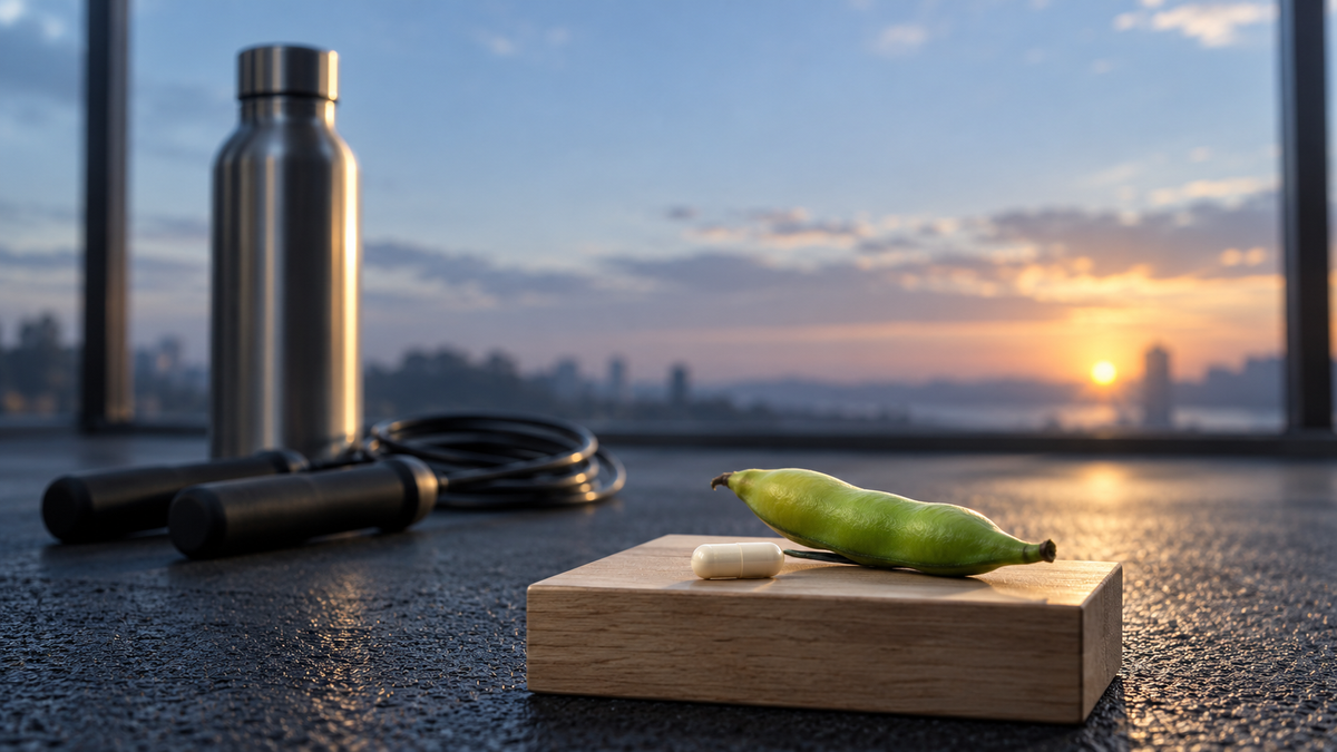 A jump rope and a steel water bottle at sunrise beside a capsule and a fava bean pod