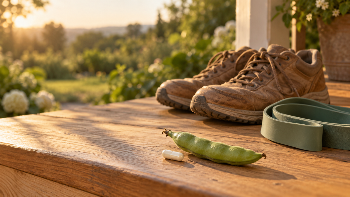 Worn walking shoes and a resistance band on a porch beside a capsule and a fava bean pod