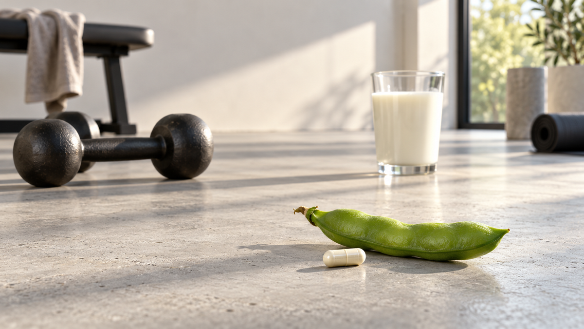 Cast-iron dumbbells and a glass of milk on a gym floor beside a capsule and a fava bean pod
