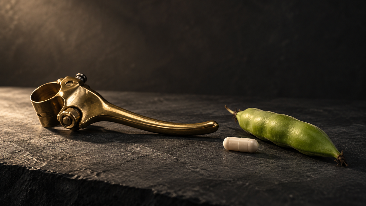 A brass brake lever on dark slate beside a capsule and a fava bean pod