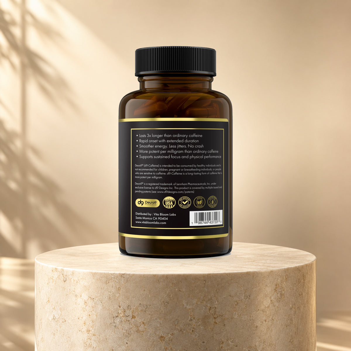 Caffeine 2.0 side A bottle showing the original benefits label on an ivory pedestal against a warm cream background.