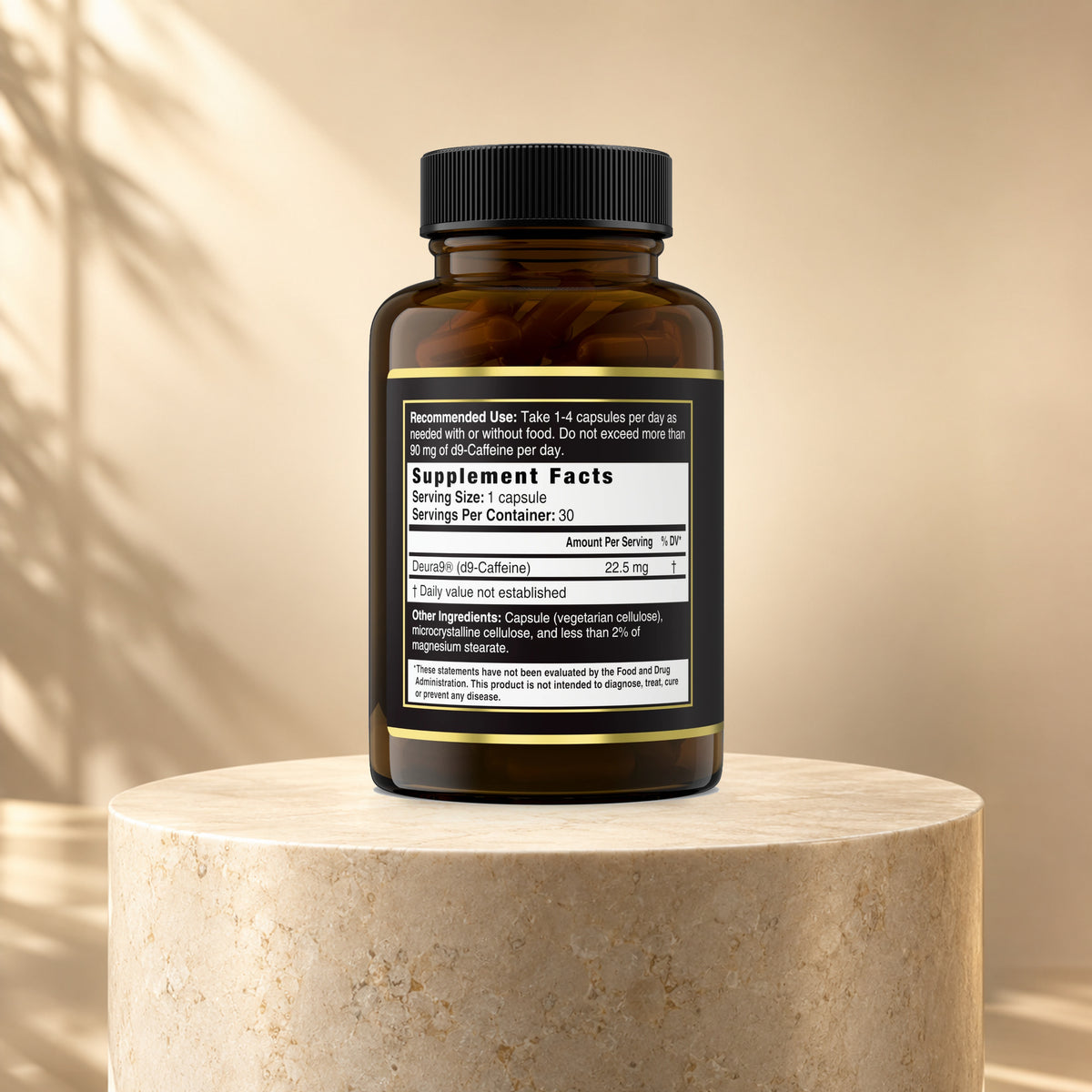 Caffeine 2.0 side B bottle showing the original Supplement Facts label, with 22.5 mg Deura9 d9-caffeine per capsule.
