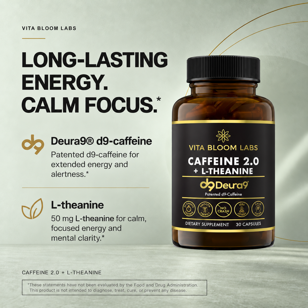Caffeine 2.0 + L-Theanine energy and focus overview on a sage green background with Deura9 d9-caffeine, 50 mg L-theanine, the product bottle, and an FDA disclaimer.
