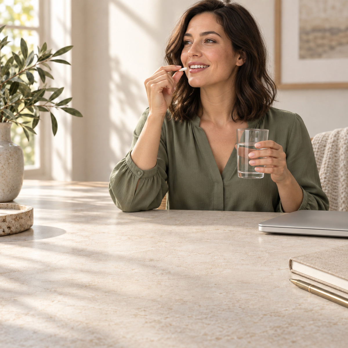 A smiling adult woman sits at a sunlit desk, holding a capsule near her lips and a glass of water.