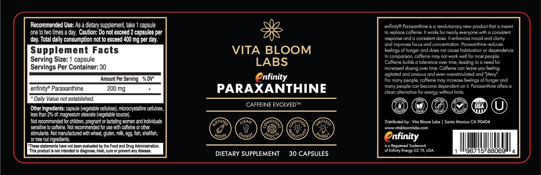 Enfinity Paraxanthine Capsules, Clean Energy & Focus, Caffeine Alternative | 200 mg per Capsule | 30 Capsules per Bottle | Formulated in USA, GMP Certified, Non-GMO, Kosher.