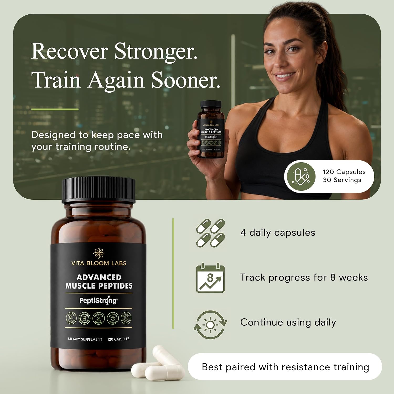 How to take PeptiStrong: four capsules daily, track progress for eight weeks, best paired with resistance training