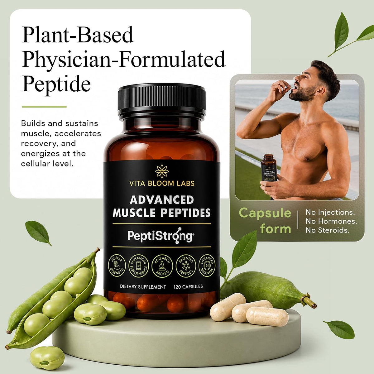 Plant-based PeptiStrong capsules with fava beans; no injections, no hormones
