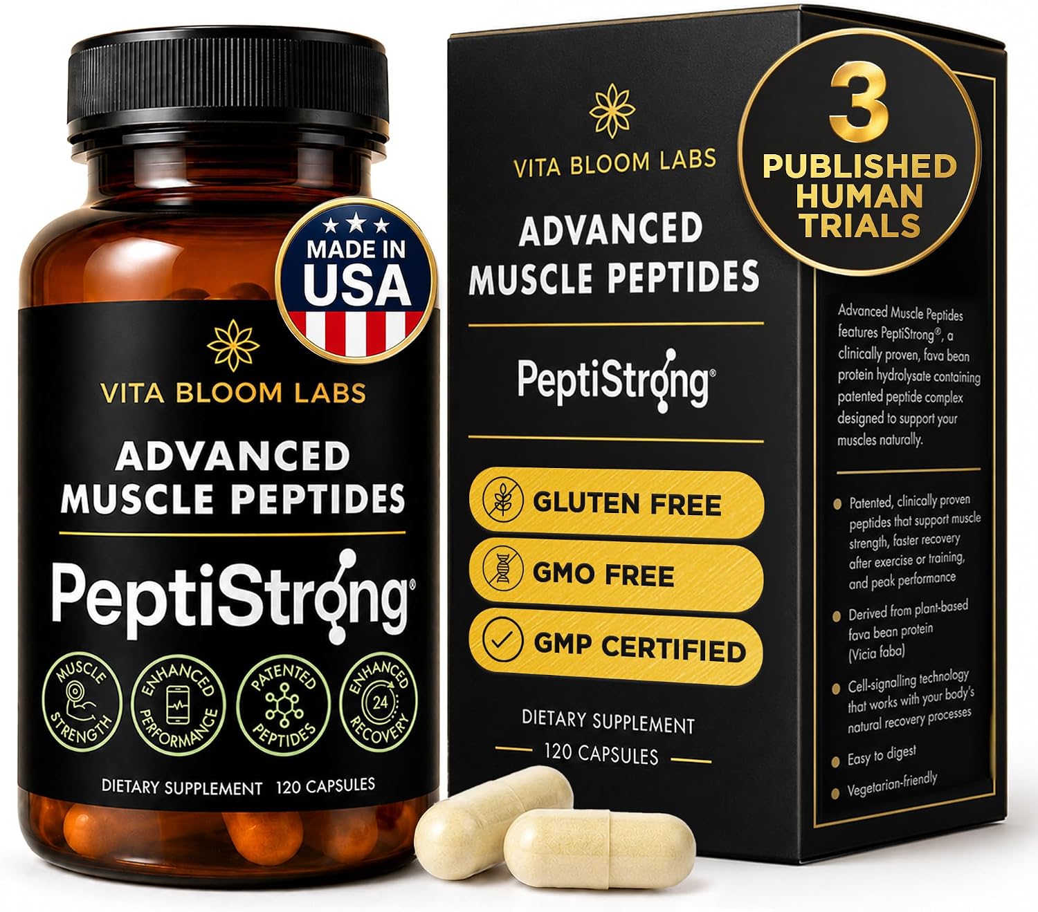 Vita Bloom Labs PeptiStrong Advanced Muscle Peptides bottle and box, 120 capsules, made in the USA