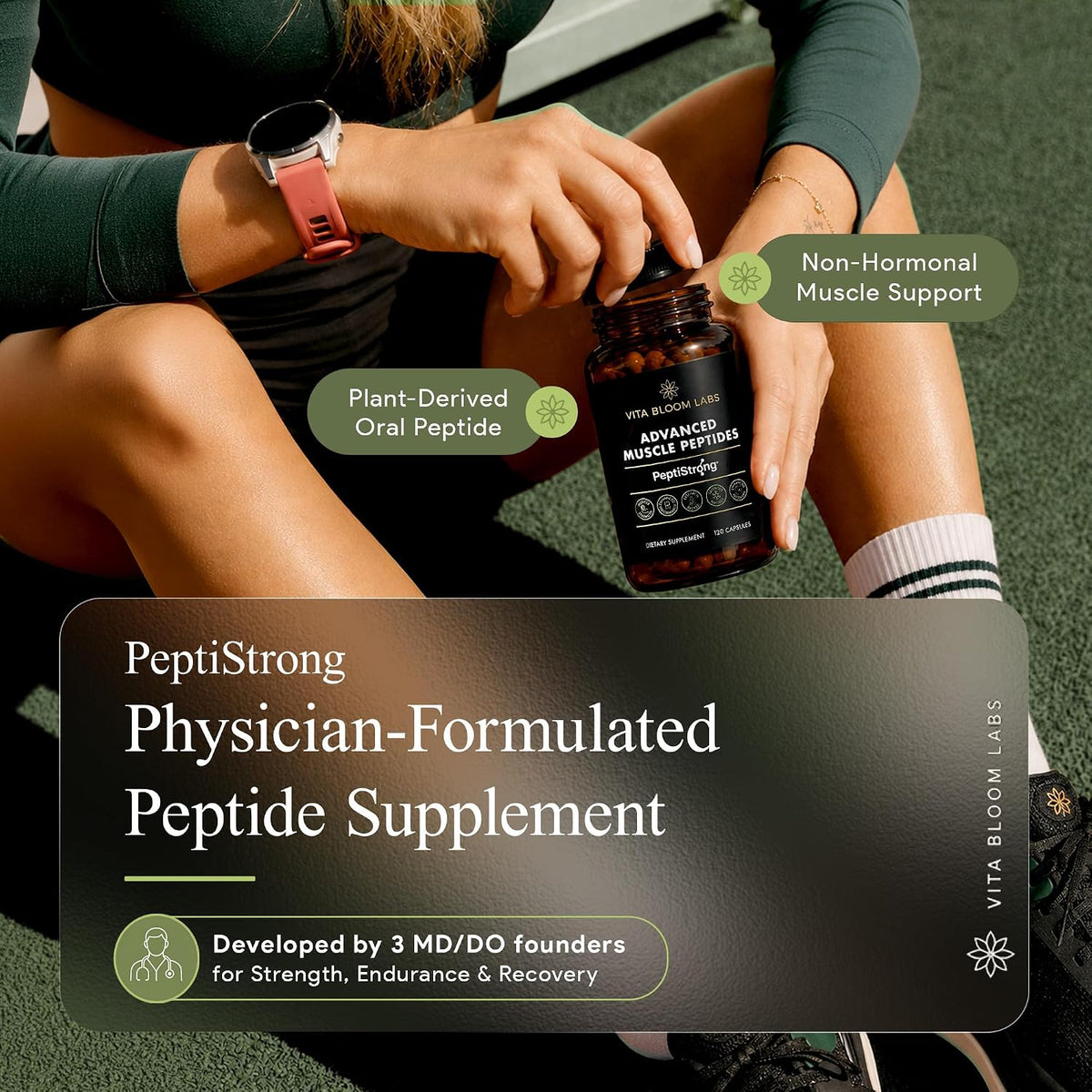 PeptiStrong physician-formulated peptide supplement bottle held by an athlete