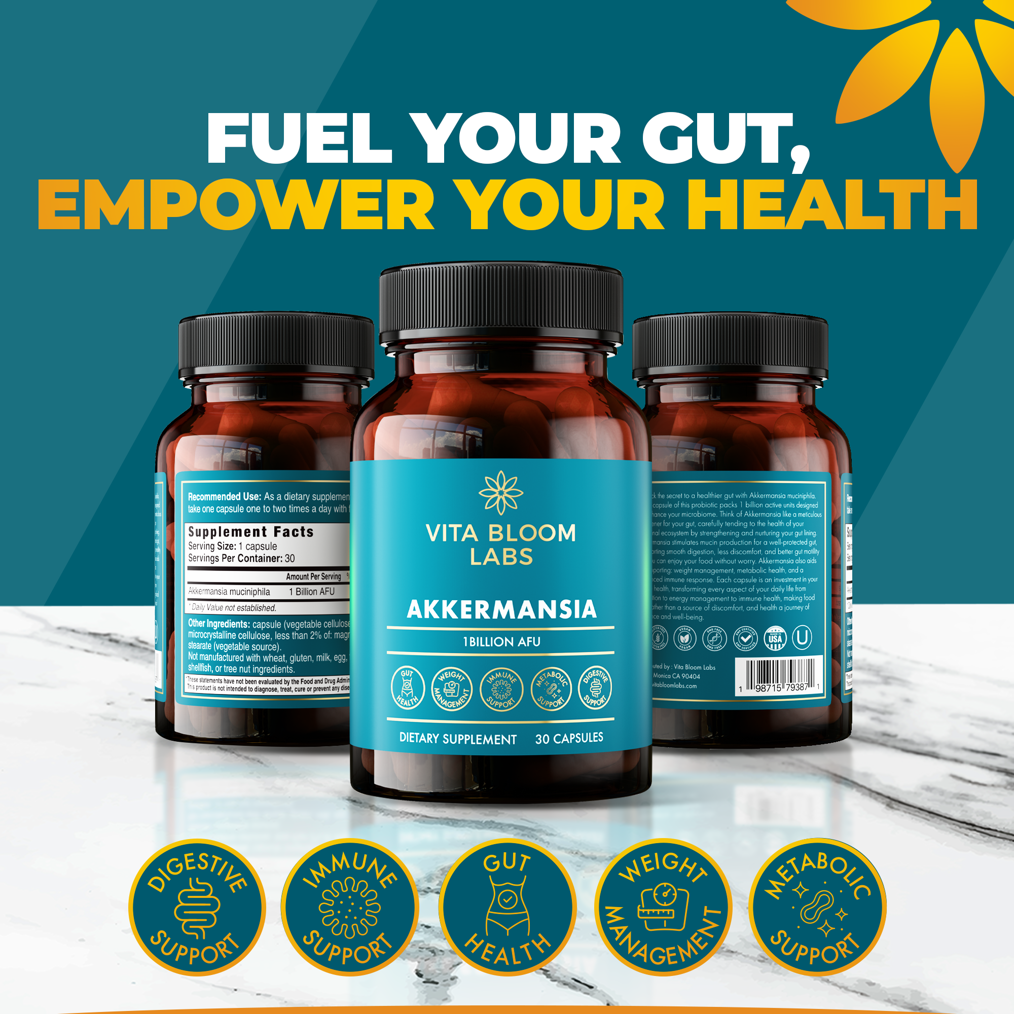 Akkermansia Probiotic Supplement - Promotes Digestive Comfort, Gut Lining & Microbiome Support - GLP-1 & Metabolic Wellness - Active Strain, 1 Billion AFUs - 30 Capsules