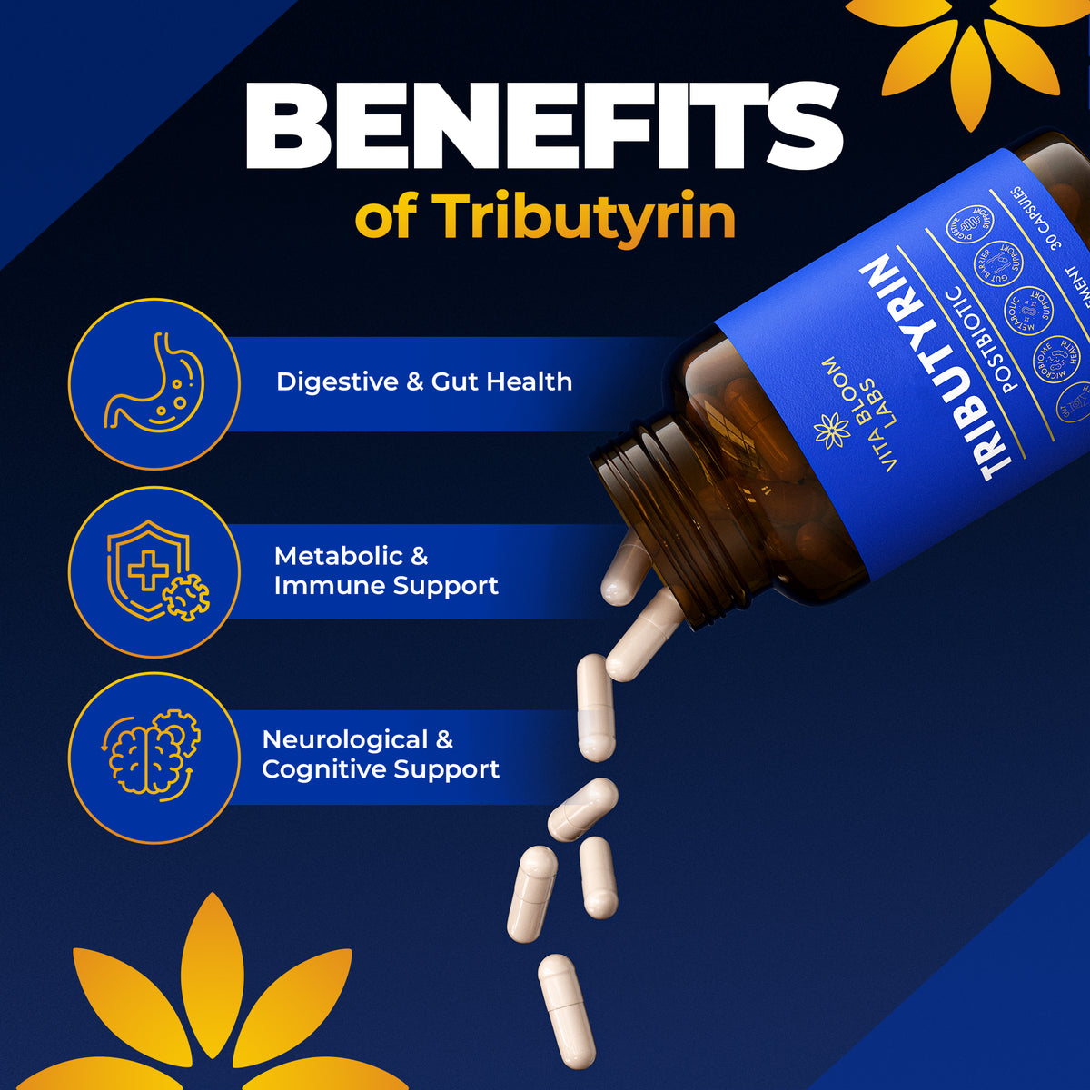 Benefits of tributyrin infographic with capsules pouring from the bottle