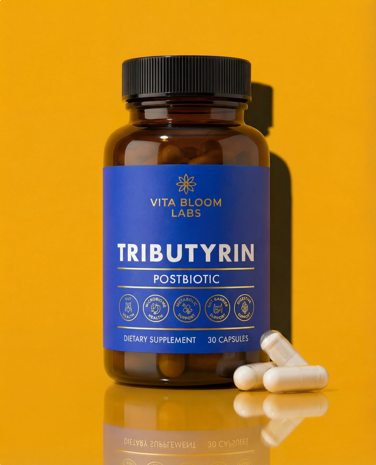 Vita Bloom Labs Tributyrin Postbiotic bottle with two white capsules on a yellow background
