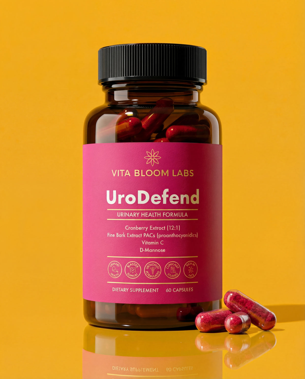 Vita Bloom Labs UroDefend urinary health formula bottle with two pink capsules on a yellow background