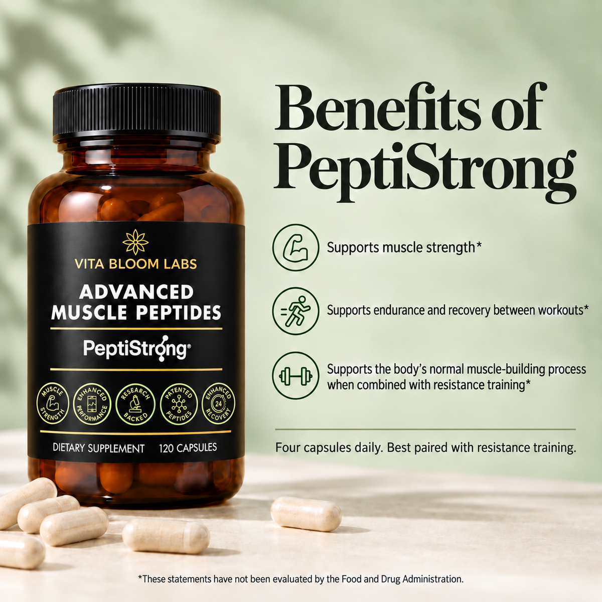 Benefits of PeptiStrong infographic with capsules beside the bottle: supports muscle strength, endurance and recovery, four capsules daily