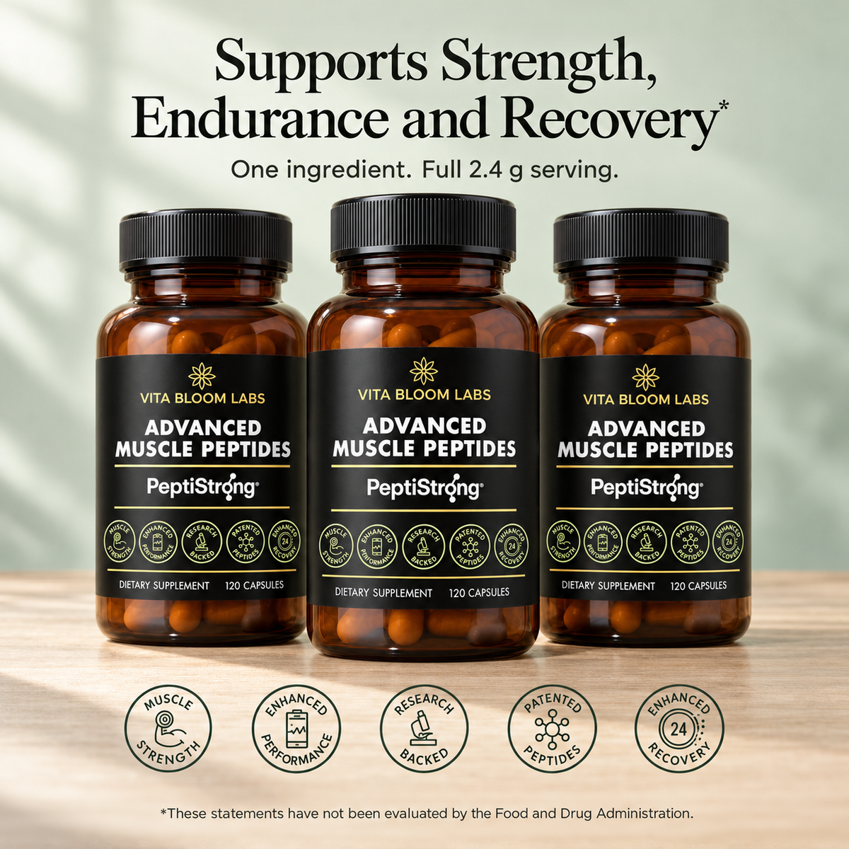 Three PeptiStrong bottles with the headline Supports Strength, Endurance and Recovery and five label badges