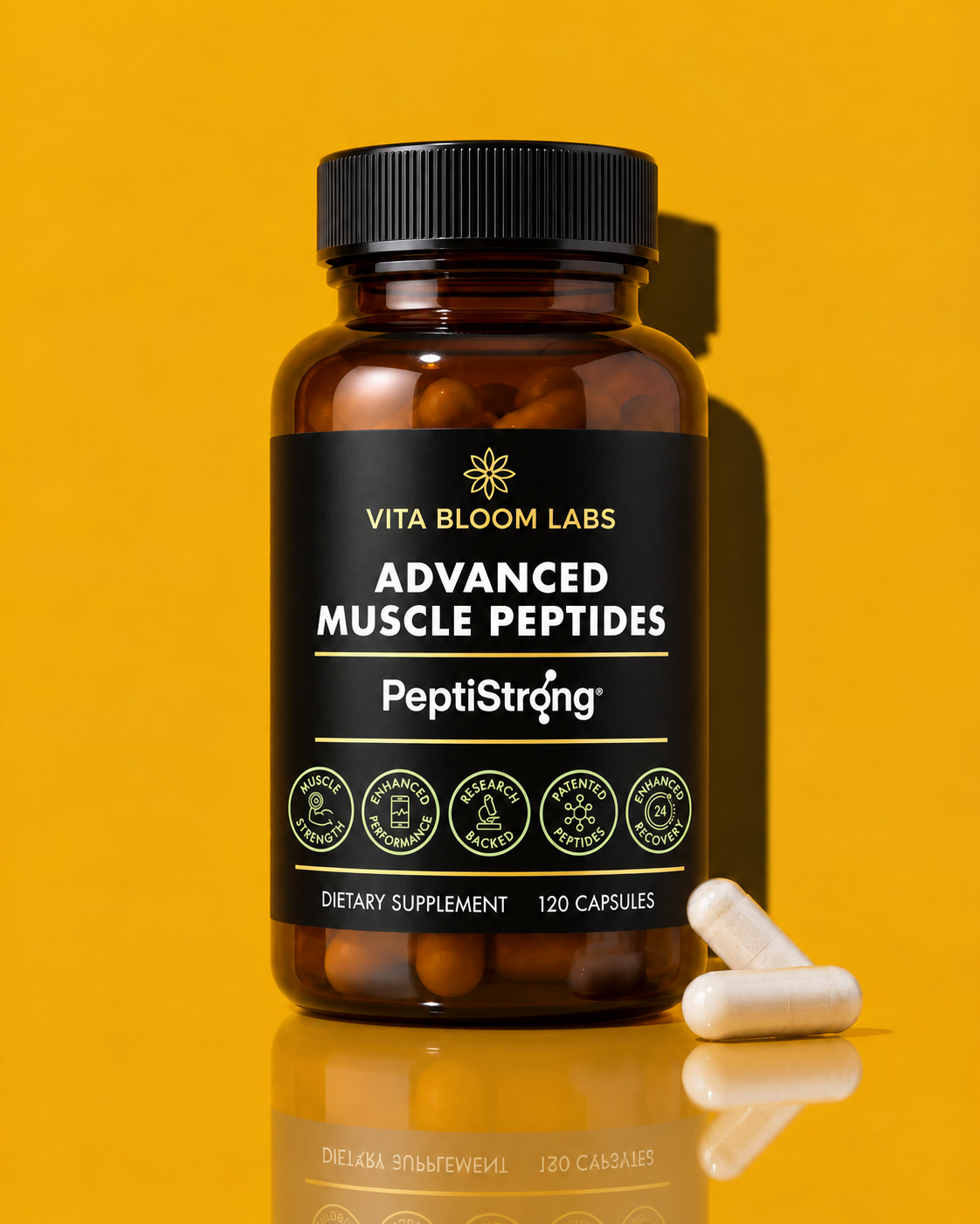 Vita Bloom Labs PeptiStrong Advanced Muscle Peptides bottle with two capsules on a yellow background