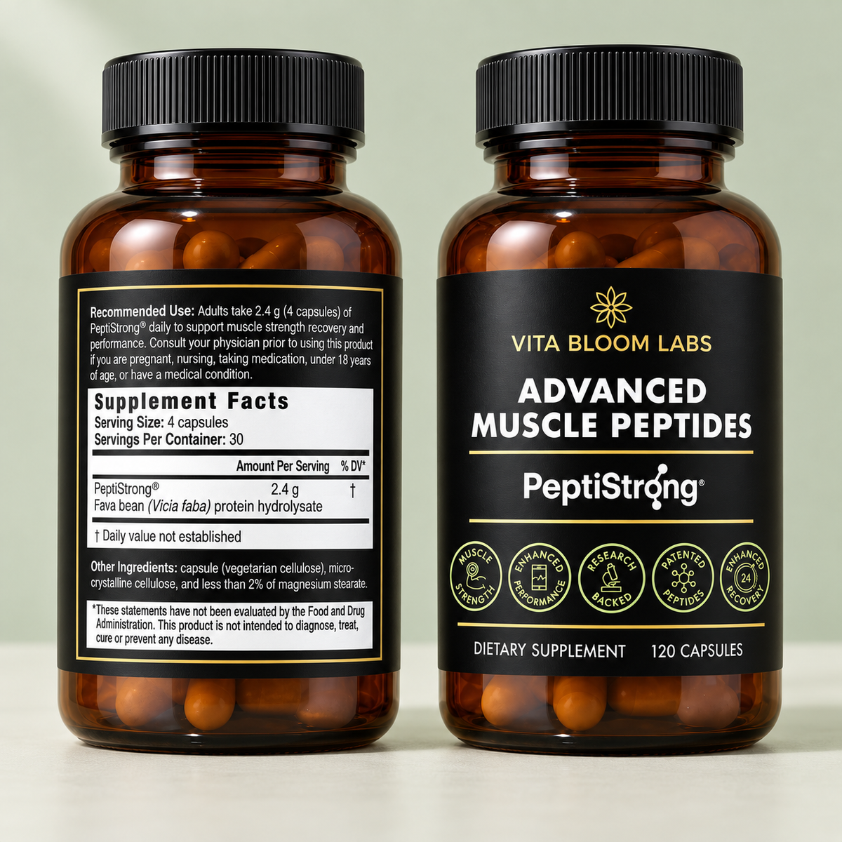 Front and back of the PeptiStrong bottle showing the Supplement Facts panel: 2.4 g fava bean protein hydrolysate per four-capsule serving, 120 capsules