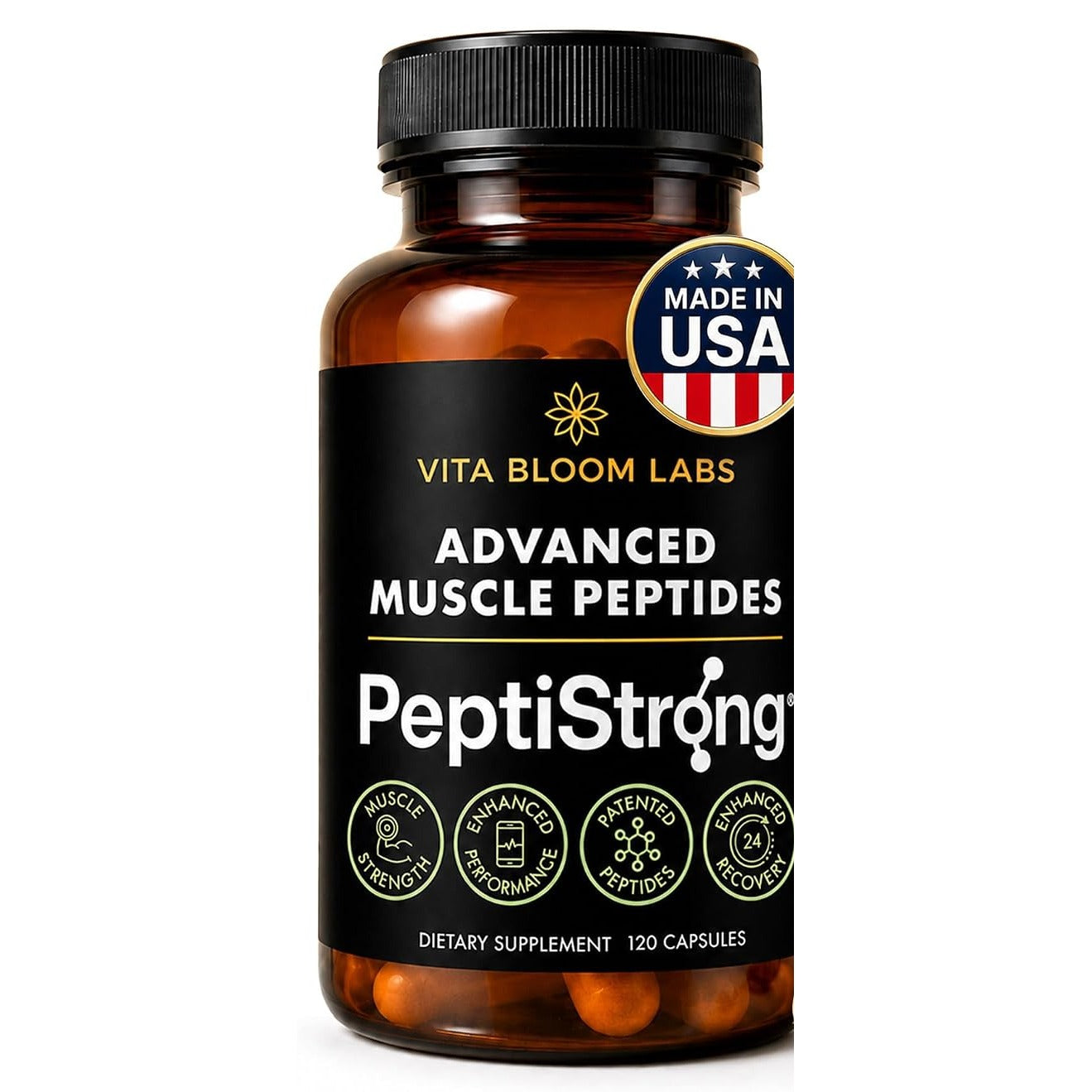 Vita Bloom Labs PeptiStrong Advanced Muscle Peptides bottle, 120 capsules, made in the USA