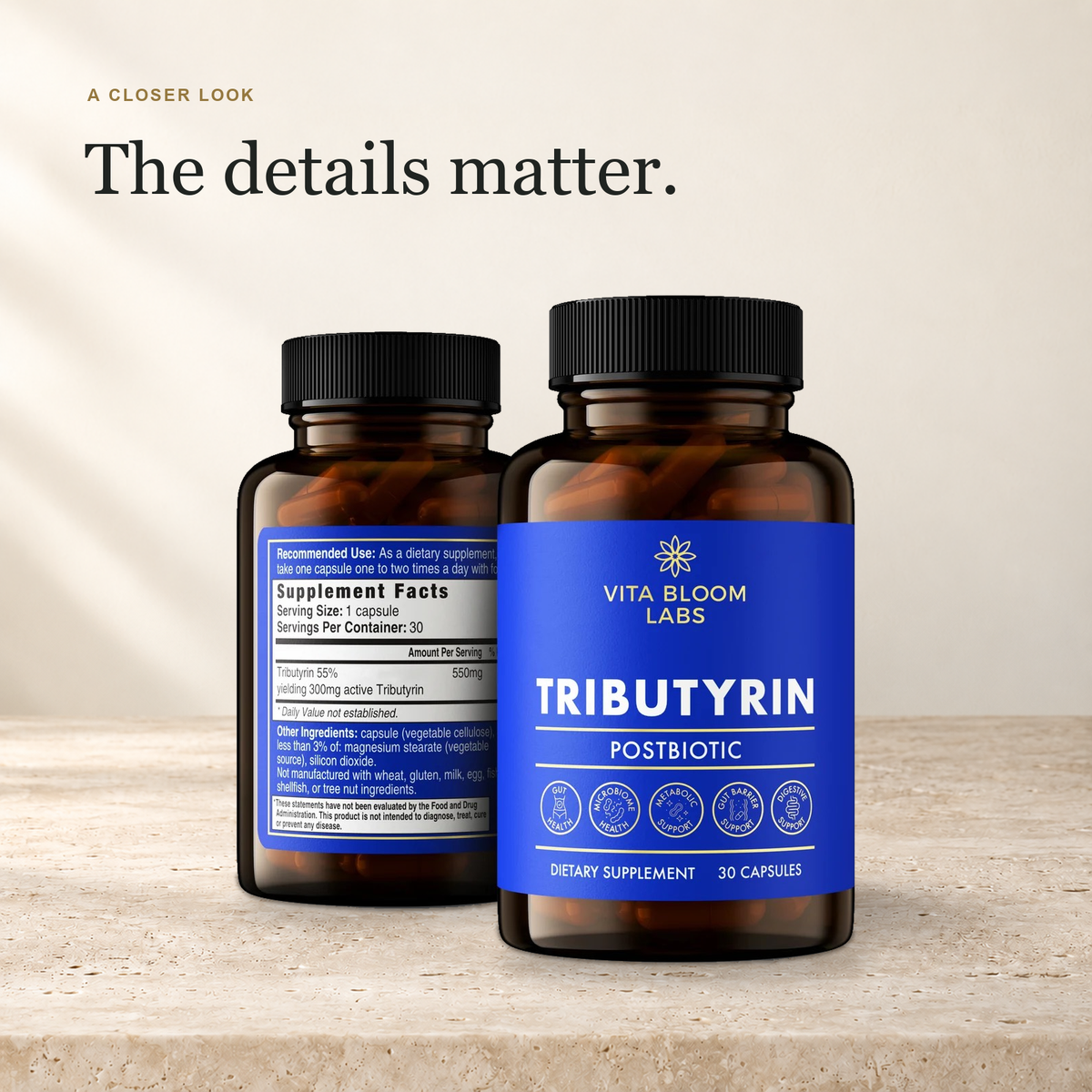 Front and back of the Tributyrin bottle, including the Supplement Facts panel, beneath the heading The details matter.