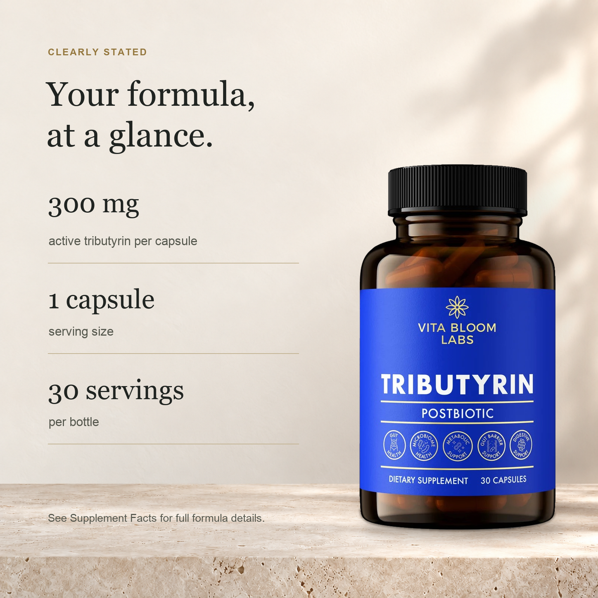 Tributyrin formula at a glance: 300 mg active tributyrin per capsule, one capsule serving size, 30 servings per bottle.